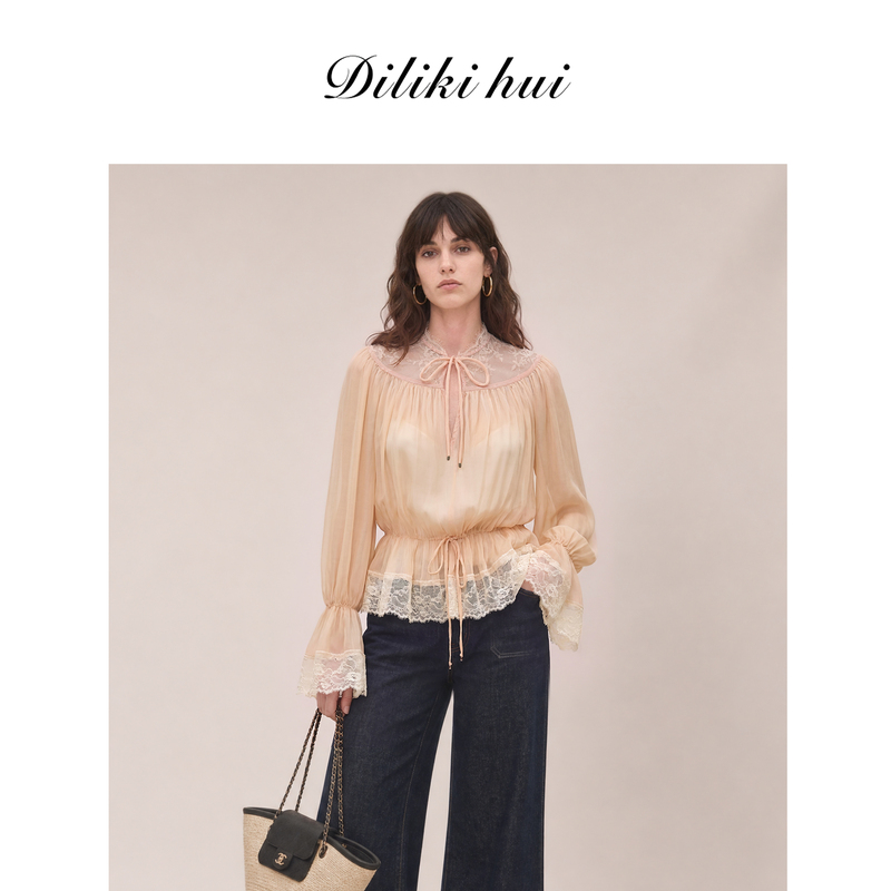 Diliki Hui【Rococo】French Lace Shirt for Women, Apricot Pink Dreamy Silk Waist-Cinching Puff Sleeve Top Diliki Hui【Rococo】French Lace Shirt for Women, Apricot Pink Dreamy Silk Waist-Cinching Puff Sleeve Top