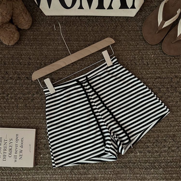 Elastic Waist Straight A-Line Yoga Casual Pants for Women, Summer Lazy Style, Casual Slimming Striped Drawstring Shorts