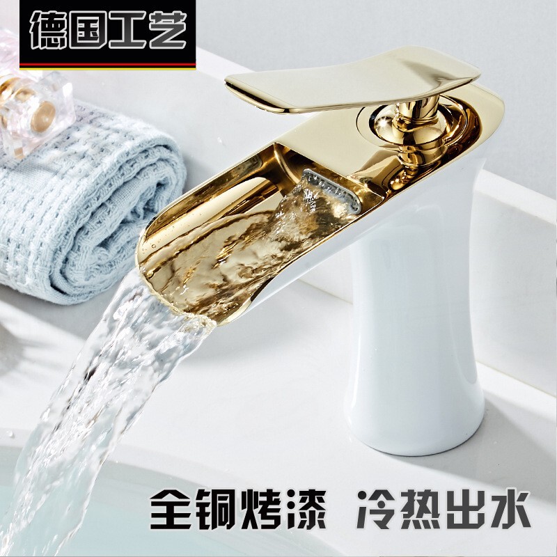 Nordic All-Copper Hot and Cold Waterfall Faucet, Gold Countertop Basin, Elevated Black Faucet for Bathroom