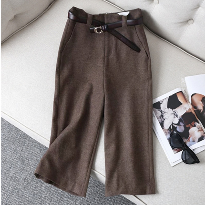 Japanese High-End Light Luxury 51.6 Merino Wool Trousers, Thick Woolen Casual Pants, Straight-Leg Pants, Cropped Pants for Women with Belt