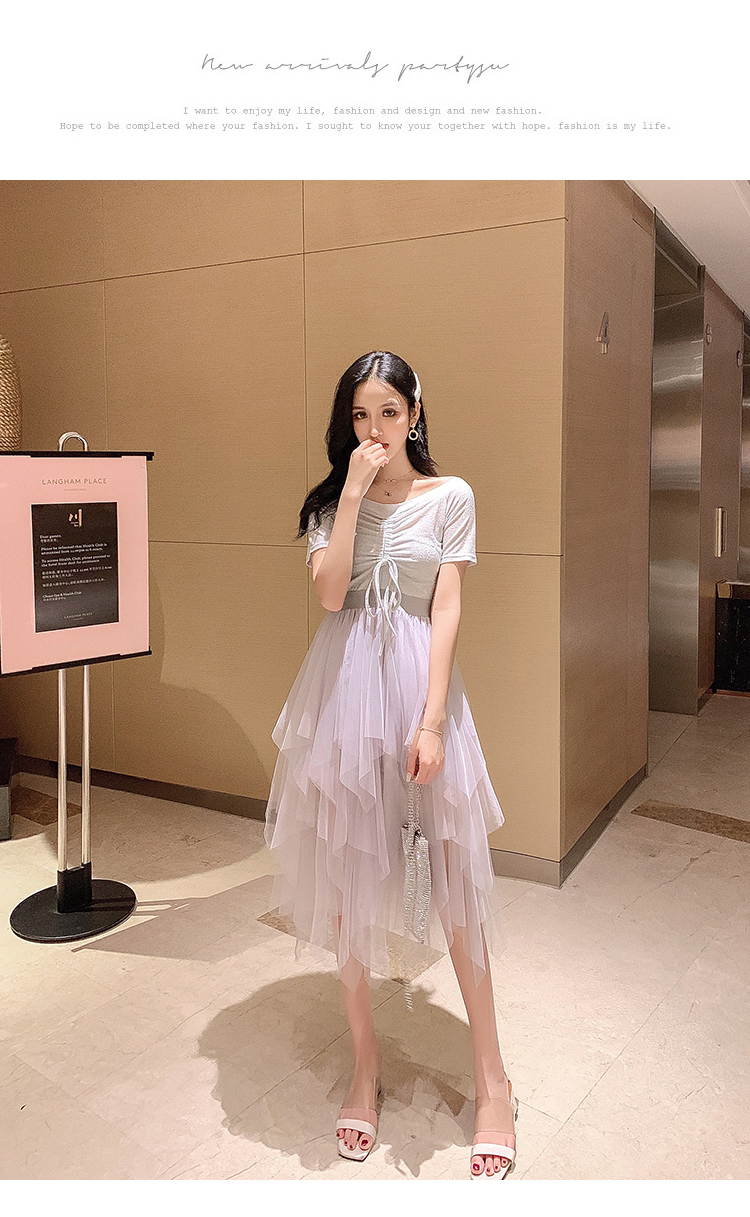 VK旗艦店 韓系一字領網紗拼接高腰顯瘦長版短袖洋裝