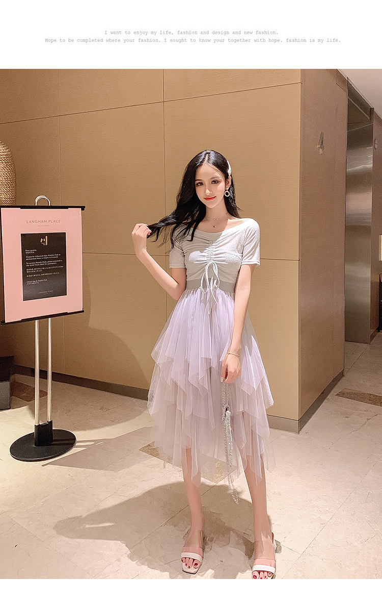 VK旗艦店 韓系一字領網紗拼接高腰顯瘦長版短袖洋裝