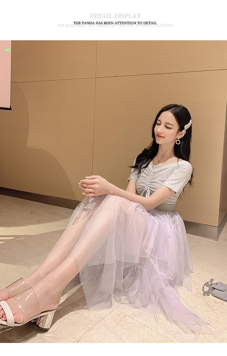 VK旗艦店 韓系一字領網紗拼接高腰顯瘦長版短袖洋裝