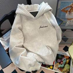 Autumn and Winter Fleece-Lined Thickened Couple's Sweatshirt, White and Gray Hooded Sweatshirt for Men, Loose and Casual Style, Trendy and Versatile Jacket