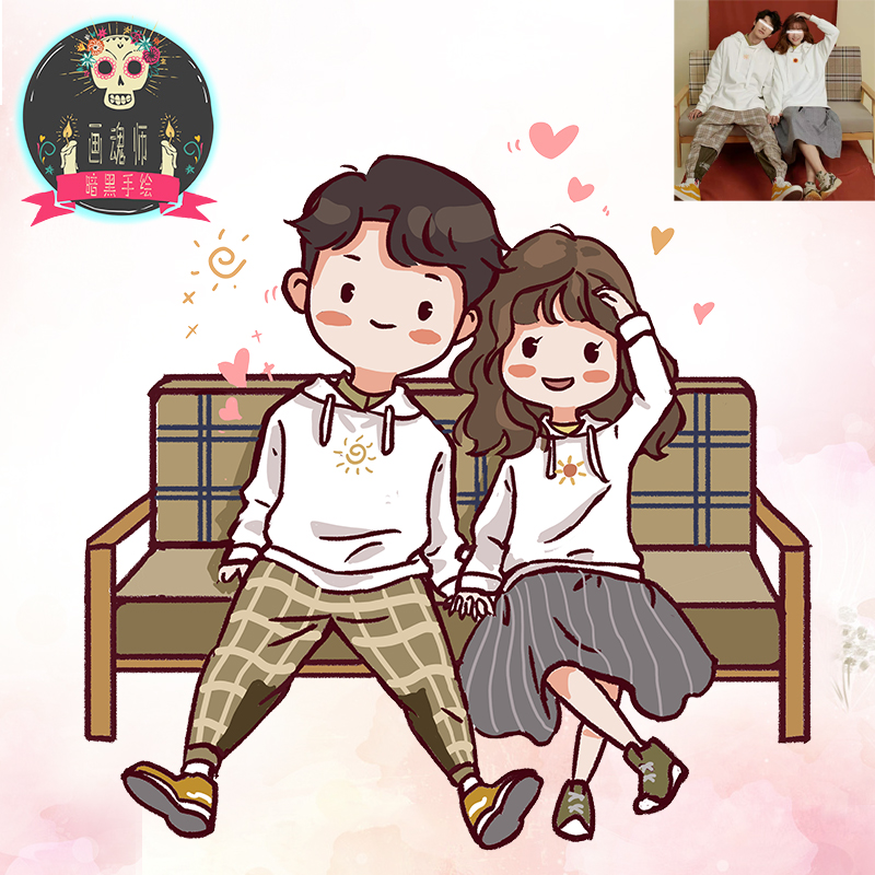 Q Prints Hand-painted Head Wax Pen Style Cute Cartoon Couple Portrait Custom Cartoon Characters Live-action Photos Transfer-Taobao