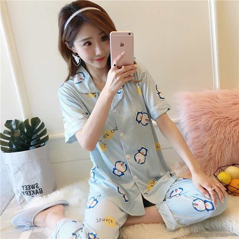 Mùa hè bông đồ ngủ của phụ nữ ngắn tay quần cotton cardigan hai mảnh phần mỏng lỏng bên ngoài mặc dịch vụ nhà phù hợp với