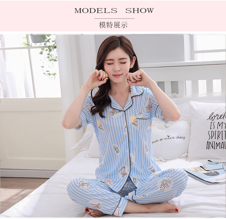 Mùa hè bông đồ ngủ của phụ nữ ngắn tay quần cotton cardigan hai mảnh phần mỏng lỏng bên ngoài mặc dịch vụ nhà phù hợp với