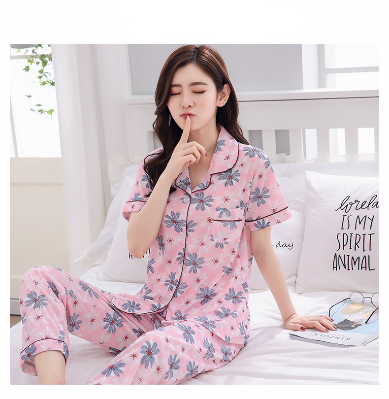 Mùa hè bông đồ ngủ của phụ nữ ngắn tay quần cotton cardigan hai mảnh phần mỏng lỏng bên ngoài mặc dịch vụ nhà phù hợp với