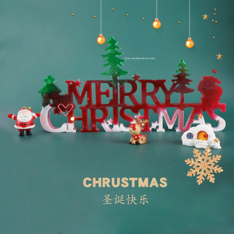 Fan's Handmade Small Shop Drop Glue Mold Christmas List Swing Piece Christmas Happy English Mirror Silicone Mold