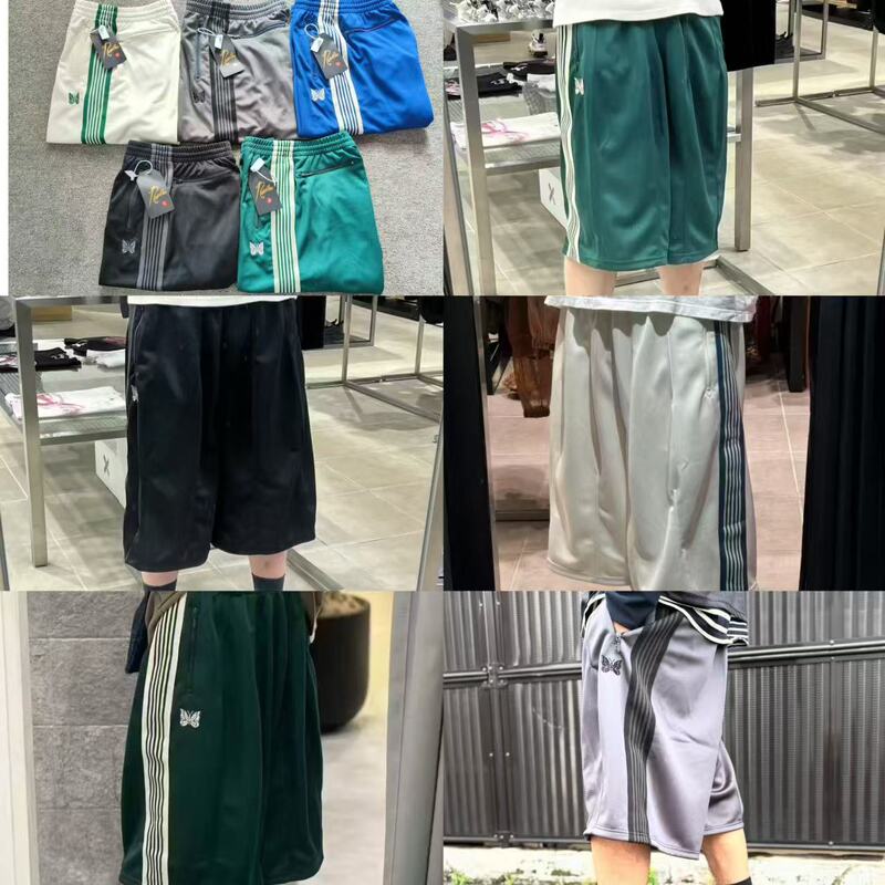 Needles Track Butterfly Embroidery Trendy Three-Quarter Length Loose Sports Striped Wide-Leg Shorts for Men