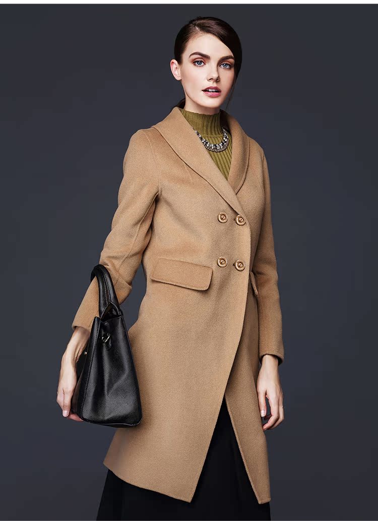 Áo khoác len TDEB hai mặt cashmere nữ mùa xuân đôi ngực dài phần mỏng khí chất len ​​áo khoác nữ - Áo len lót đôi măng tô nữ