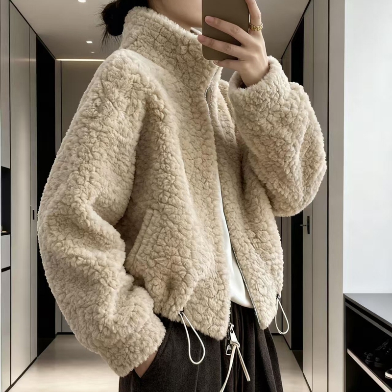 Korean Style Autumn and Winter Faux Shearling Fur Coat for Women, Stand Collar Short Casual Particle Velvet Top Women's Clothing