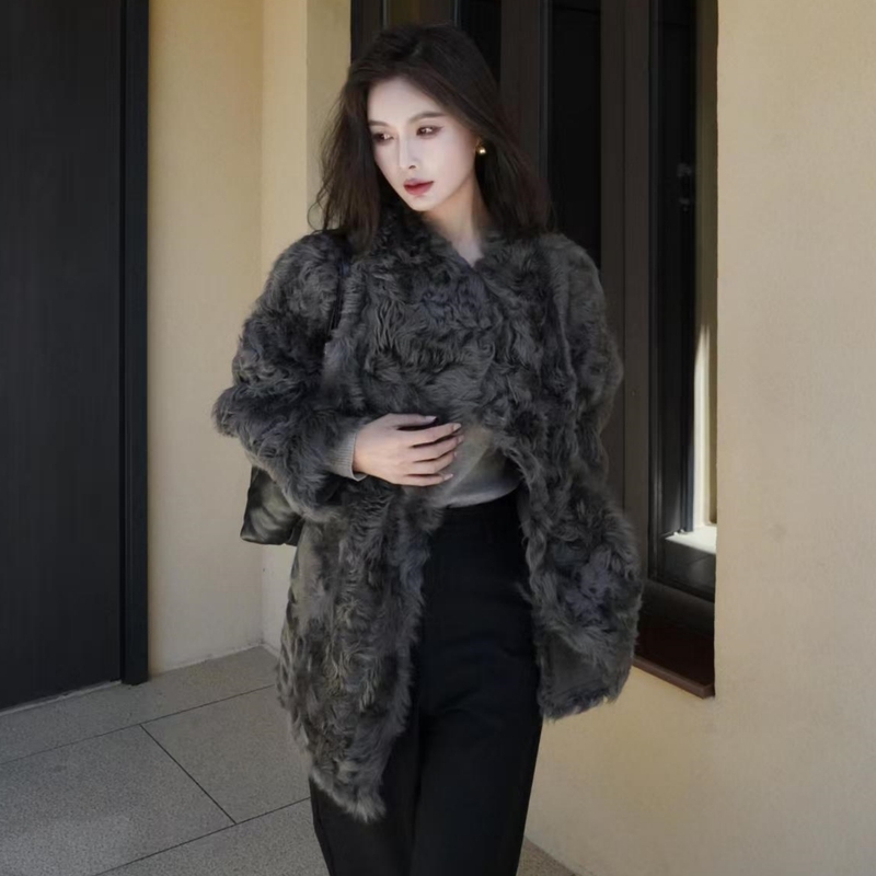 Eco-Friendly Small Lake Sheep Curly Fur Integrated Coat for Women, Mid-Length, Loose, Simple Top, Autumn and Winter Fur Coat, New Eco-Friendly Small Lake Sheep Curly Fur Integrated Coat for Women, Mid-Length, Loose, Simple Top, Autumn and Winter Fur Coat, New