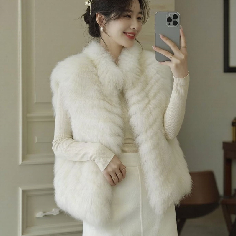 Fur Integrated Vest with a Light Luxury Feel for Women, Fox Fur Diagonal Stripe Stand Collar Fur Vest Top for Autumn and Winter Fur Integrated Vest with a Light Luxury Feel for Women, Fox Fur Diagonal Stripe Stand Collar Fur Vest Top for Autumn and Winter