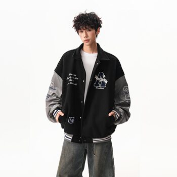American Retro Towel Embroidery Baseball Jacket for Men and Women, Loose Fit, Turn-Down Collar, Stylish Biker Jacket for Autumn