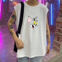 Cartoon print sleeveless t-shirt mens Korean version of the summer trend wild loose ins student Harajuku bf waistcoat sweat vest