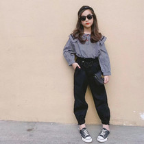 Korean childrens clothing girls  suit 2021 spring and autumn new Zhongda virgin girl plaid shirt Western style net red two-piece set