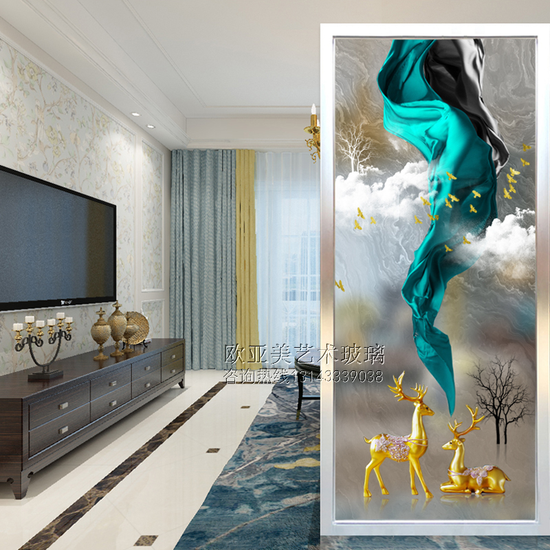 Art Glass Living Room Cubicle Screen Xuanguan Background Wall Moving Doors Frosted Light Transmission Modern Minima Small Beauty Style Deer
