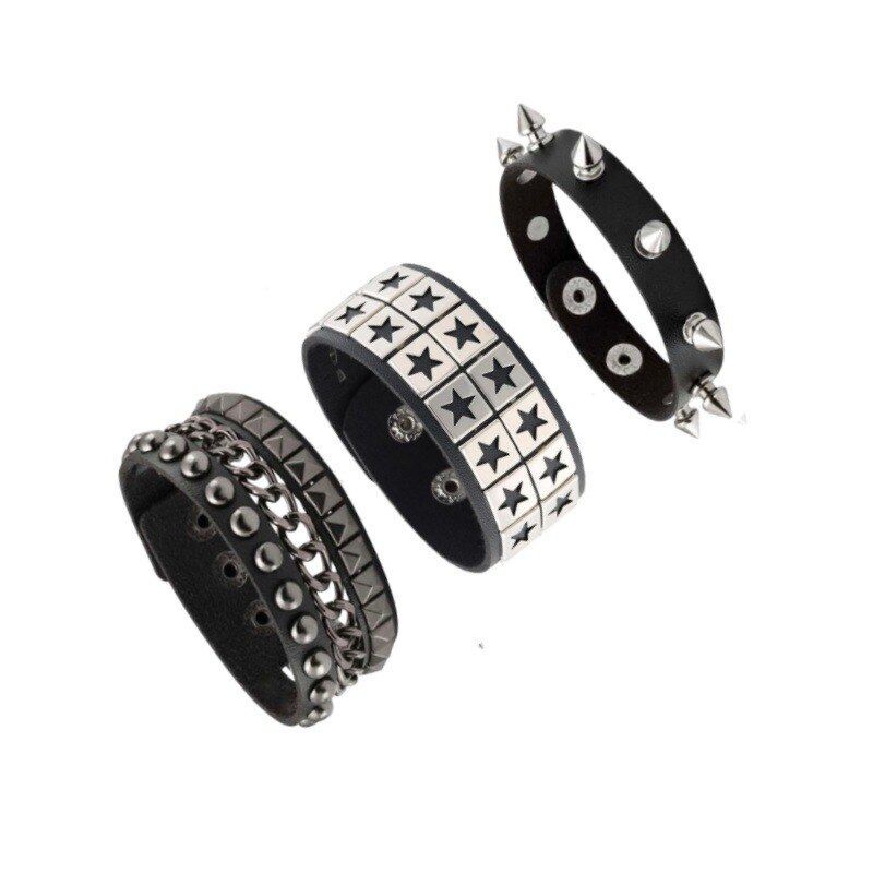 European and American Cross-Border Hot-Selling Fashion Multi-Layer Wide Leather Bracelet Punk Style with Rivets and Five-Pointed Star Wristband Personalized Bracelet European and American Cross-Border Hot-Selling Fashion Multi-Layer Wide Leather Bracelet Punk Style with Rivets and Five-Pointed Star Wristband Personalized Bracelet
