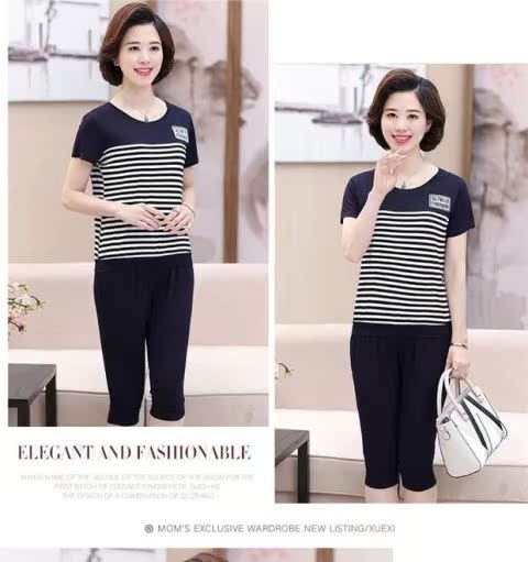 Áo thun mẹ trung niên tay ngắn thể thao phù hợp với cotton cotton rộng kích thước trung niên cotton hai mảnh - Quần áo của mẹ áo khoác tuổi trung niên