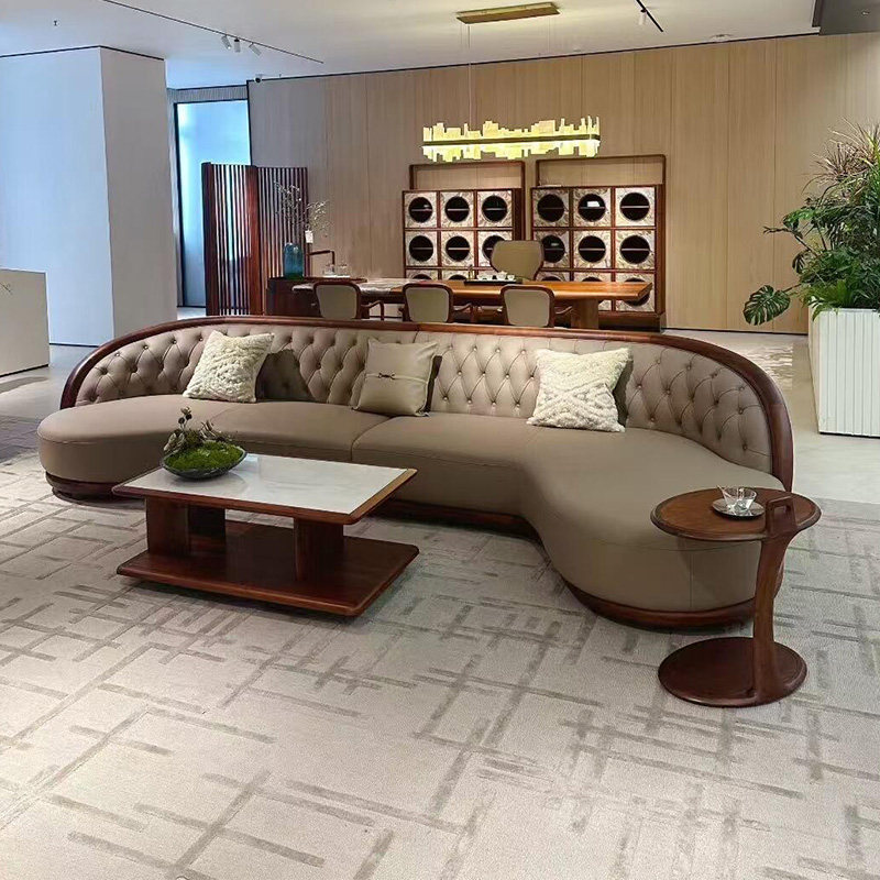 New Chinese-Style North American Black Walnut Leather Curved Sofa, Multi-Seater 2026 New Model Straight-Row Corner Solid Wood Sofa