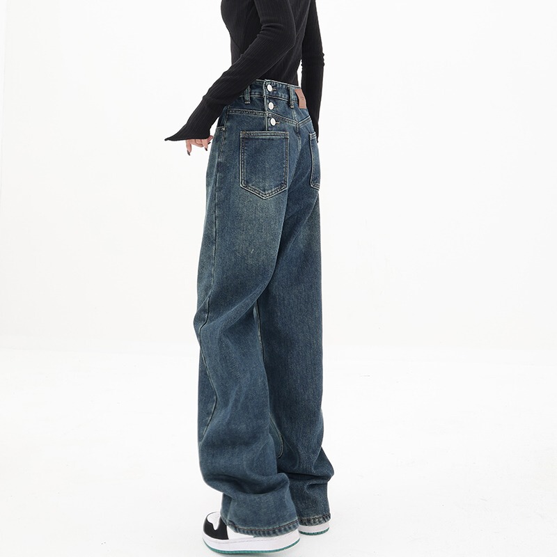 Michael Keble Retro Blue Wide-Leg Jeans for Women, New Autumn High-Waisted Slimming Versatile Straight-Leg Pants