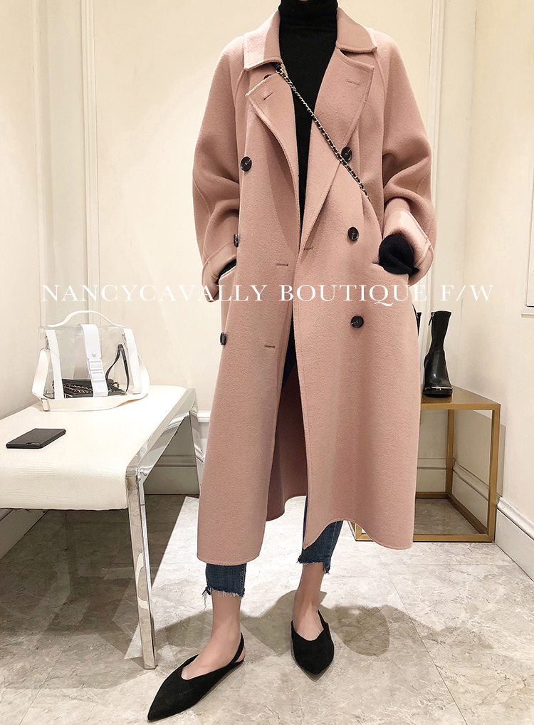 2018 mùa đông mới nữ khí chất chic thiết kế áo hai lớp cashmere lỏng dài phần len mỏng áo khoác jean nữ
