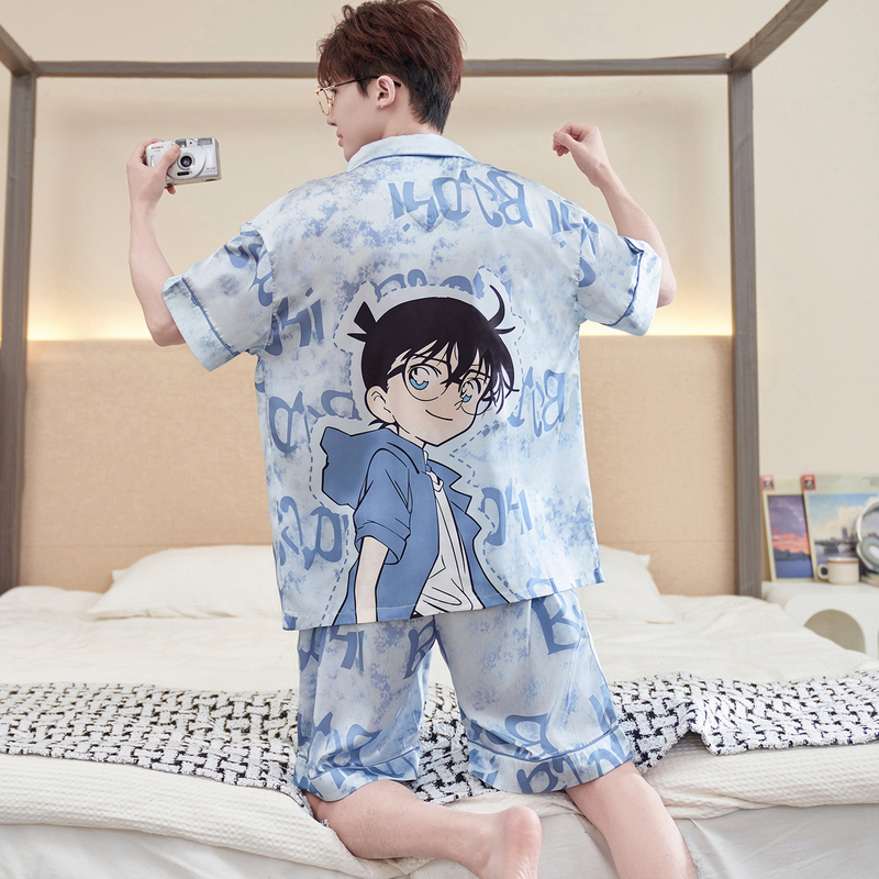 Men's Short-Sleeved Ice Silk Pajamas, Summer Thin Silk Cartoon Design, Plus Size for Older Children and Teenagers, Home Wear Set