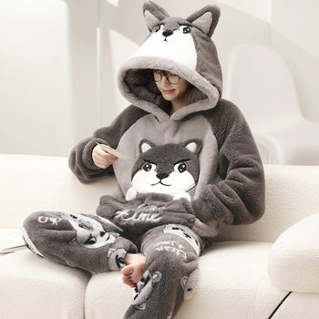 Coral Velvet Men's Pajamas Winter 2025 New Husky Cartoon Fleece-Lined Big Kids Flannel Loungewear Set