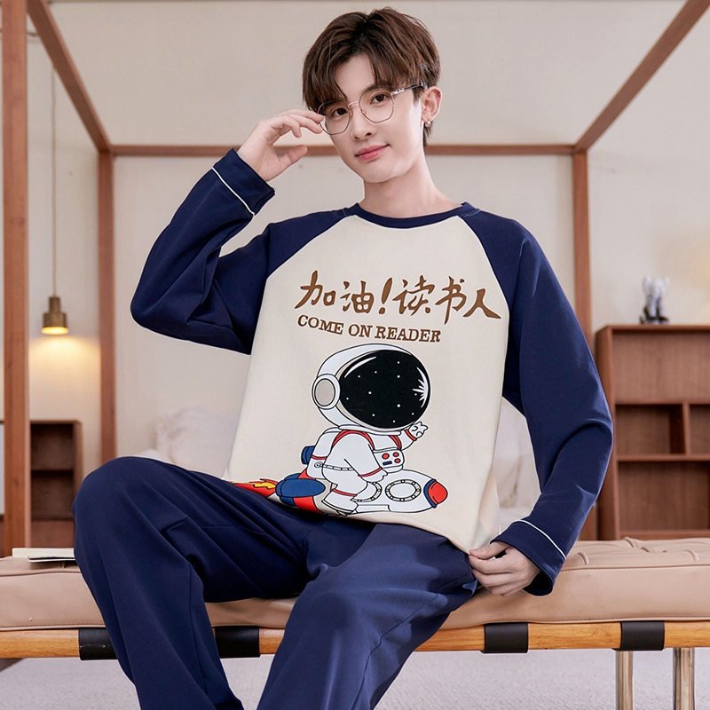Pajamas for Boys, Spring and Autumn Style, Pure Cotton, Long-Sleeved, New Style, Plus Size, Student, Big Children, Cartoon, Teenagers, Home Wear Set