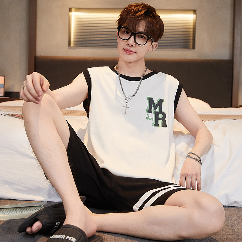 Pure Cotton Pajamas Men's Summer Vest Sleeveless Thin Style Junior High School Students Teenagers Older Children Student Home Wear Set