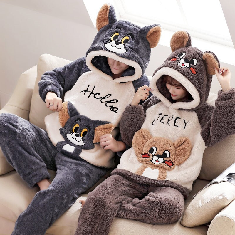 Autumn and Winter Couple's Pajamas, Winter Coral Fleece Cat and Mouse Thickened Fleece Men's and Women's Flannel Loungewear Set Autumn and Winter Couple's Pajamas, Winter Coral Fleece Cat and Mouse Thickened Fleece Men's and Women's Flannel Loungewear Set