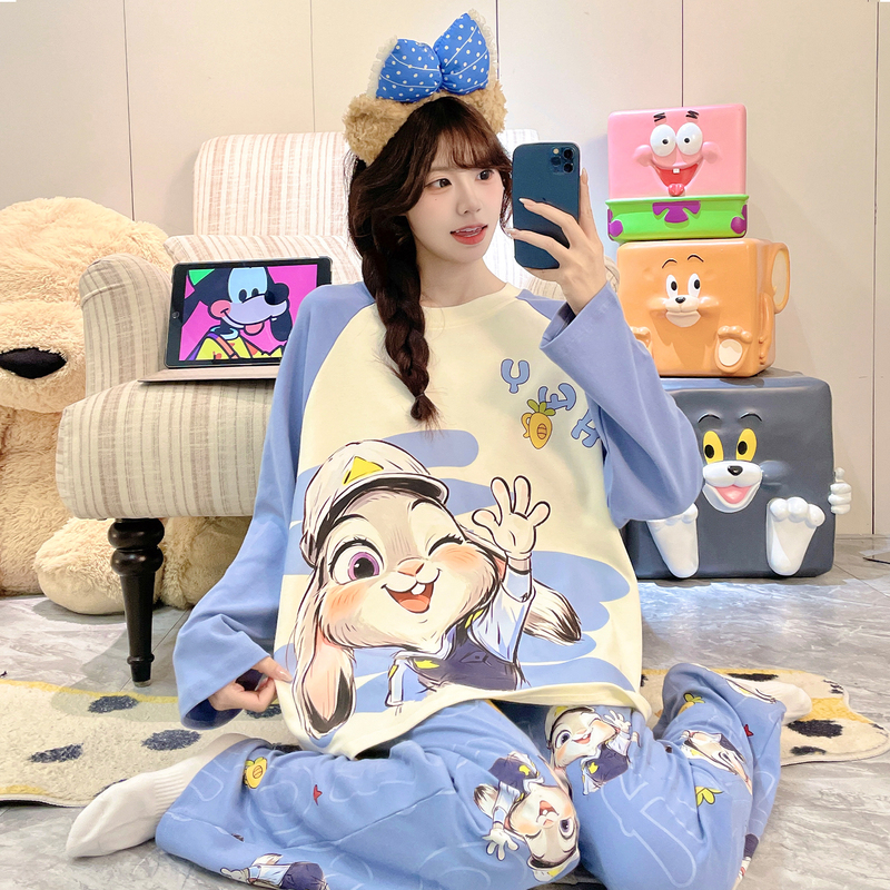 2026 New Pure Cotton Long-Sleeved Pajamas for Women, Spring and Autumn Cartoon Puppy Print Short-Sleeved Long Pants Loose Home Wear