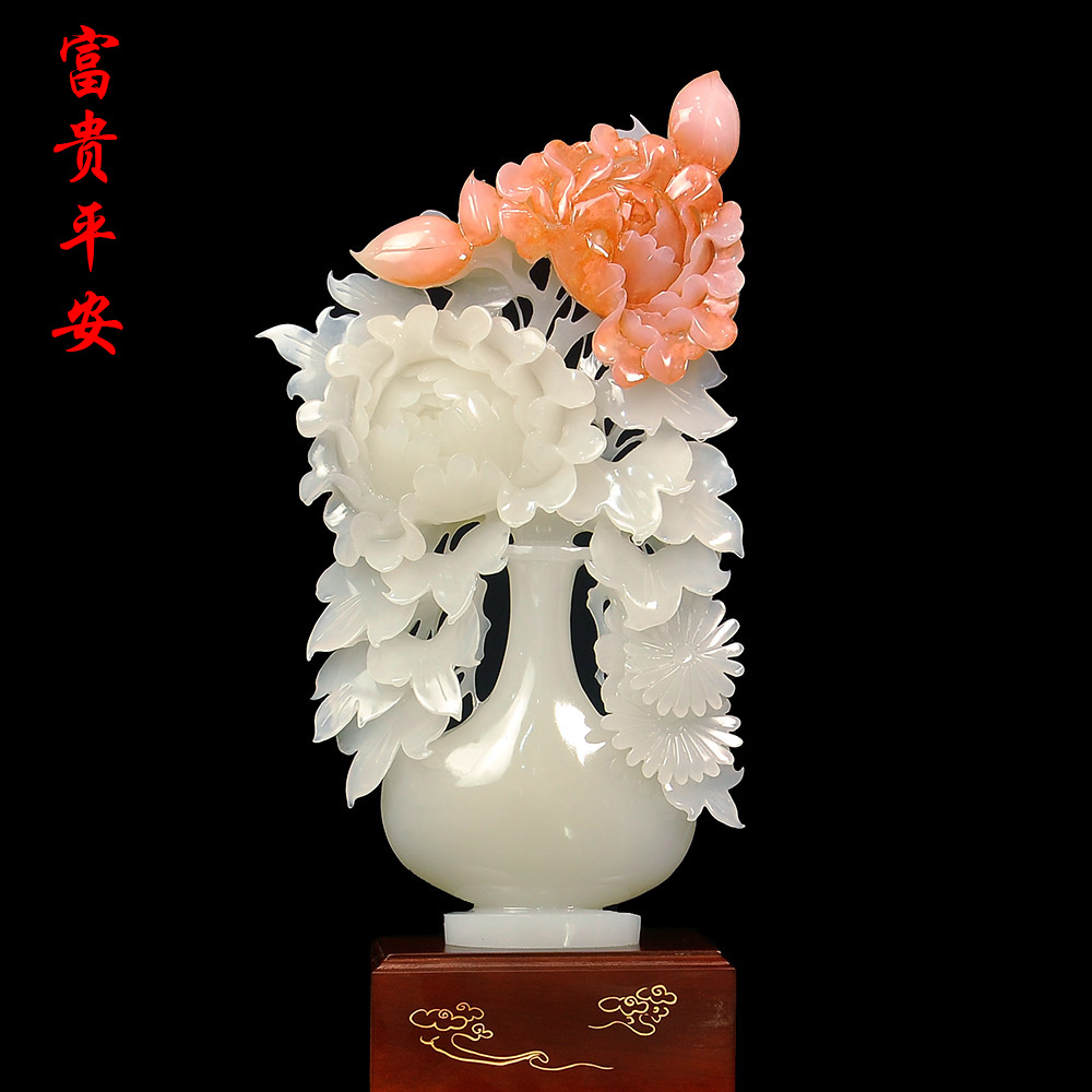 Peony rich and peaceful natural jade carving ornaments home living room wine cabinet TV cabinet new Chinese porch decoration