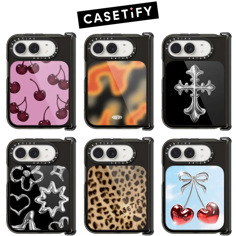 In-Stock Casetify Case for Apple iPhone Duo, Customizable Plaid Cherry Cross Heart Bear Leopard Print Anti-Drop Magnetic Foldable Screen Hinge Protective Cover with Bow for Women