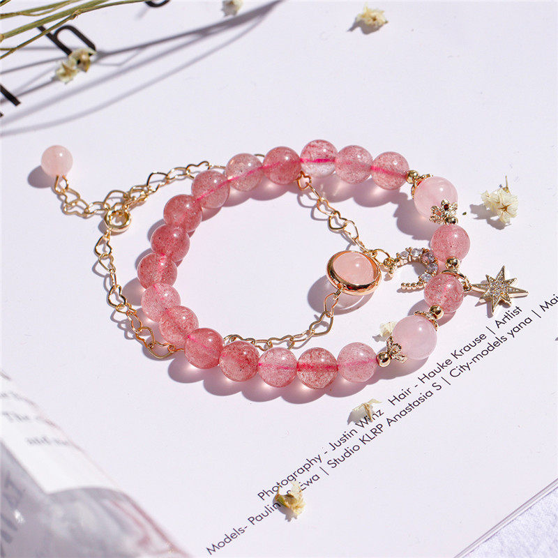 Lifetime One Stone Natural Strawberry Crystal Powder Crystal Double Chain Hand Strings Female Hand Alchemy Small Crowddesign Senior Feel Gift