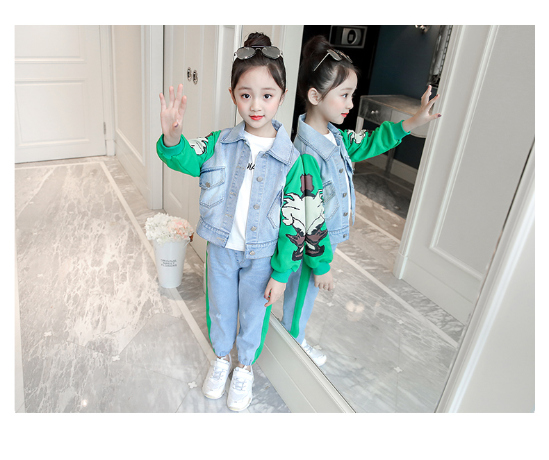 Quần áo trẻ em nữ phù hợp với mùa xuân và mùa thu 2019 khí mới nước ngoài 9-11 lớn thời trang trẻ em khâu denim hai mảnh - Phù hợp với trẻ em bán quần áo trẻ em