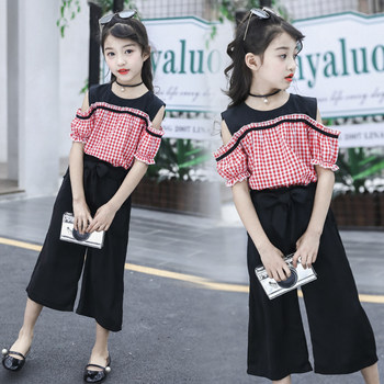 Girls summer suit 2021 new foreign style wide-leg pants suit medium and large children's loose cropped pants two-piece trendy