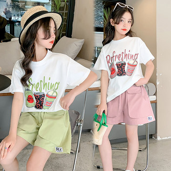 Girls' shorts suit summer 2023 new trendy children's clothing summer clothing girls' cotton sports two-piece suit