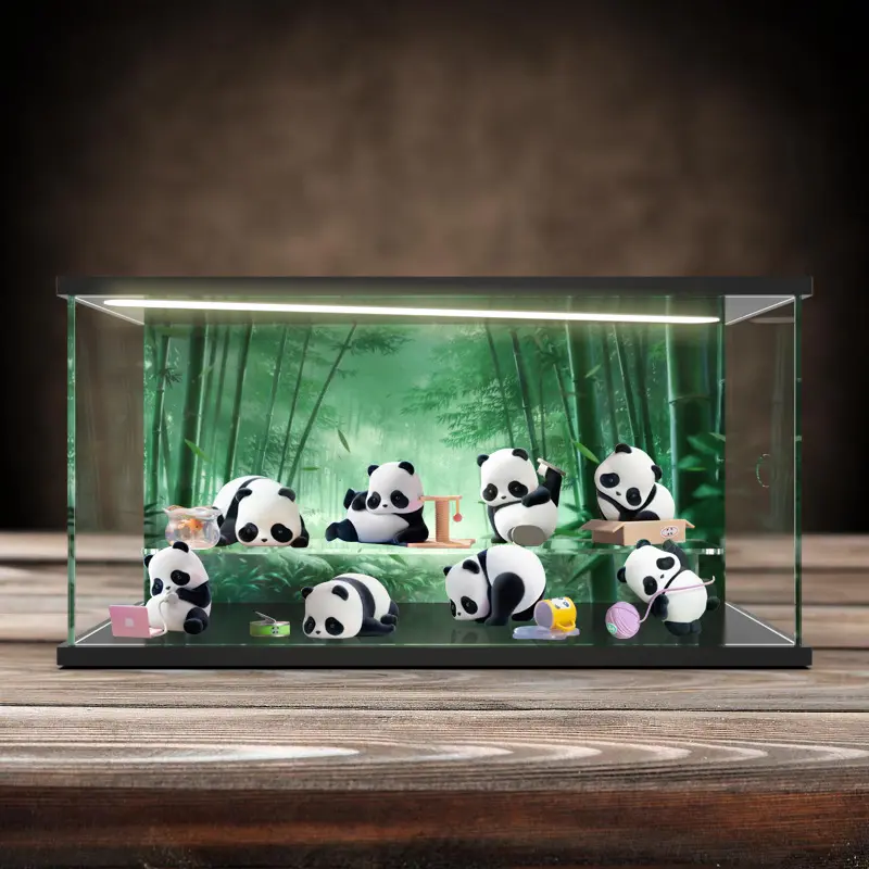 适用panda roll熊猫也是猫盲盒滚滚周边植绒手办灯光场景展示盒