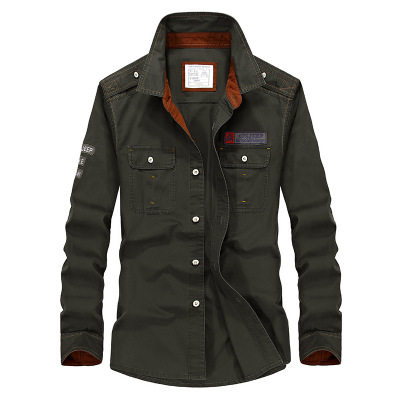 2022 New Men's New Long Sleeve Shirt Men Fall Men - Cotton - loose Shirt Army