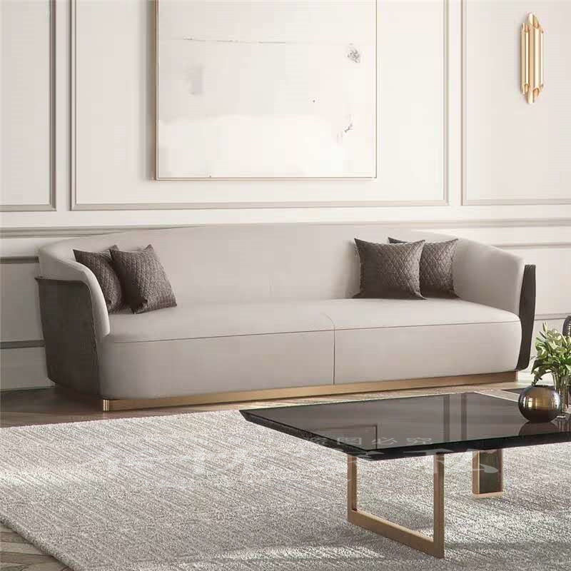 Hong Kong-style luxury model room single double three-person leather fabric sofa Italian style living room stainless steel gold-plated sofa