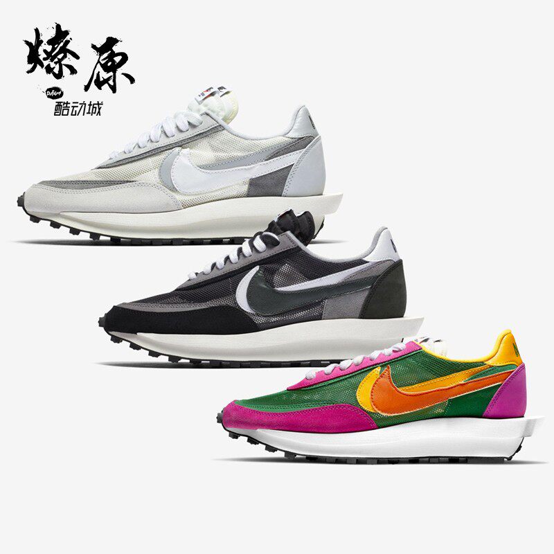 NIKE sacai LDV Waffle black and white gray powder green deconstructed running shoes BV0073-001-100-301