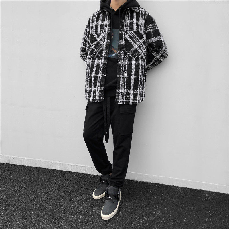 ITSCLIMAX medium and long version side slits black and white plaid tweed woven shirt jacket men and women with the same fashion brand