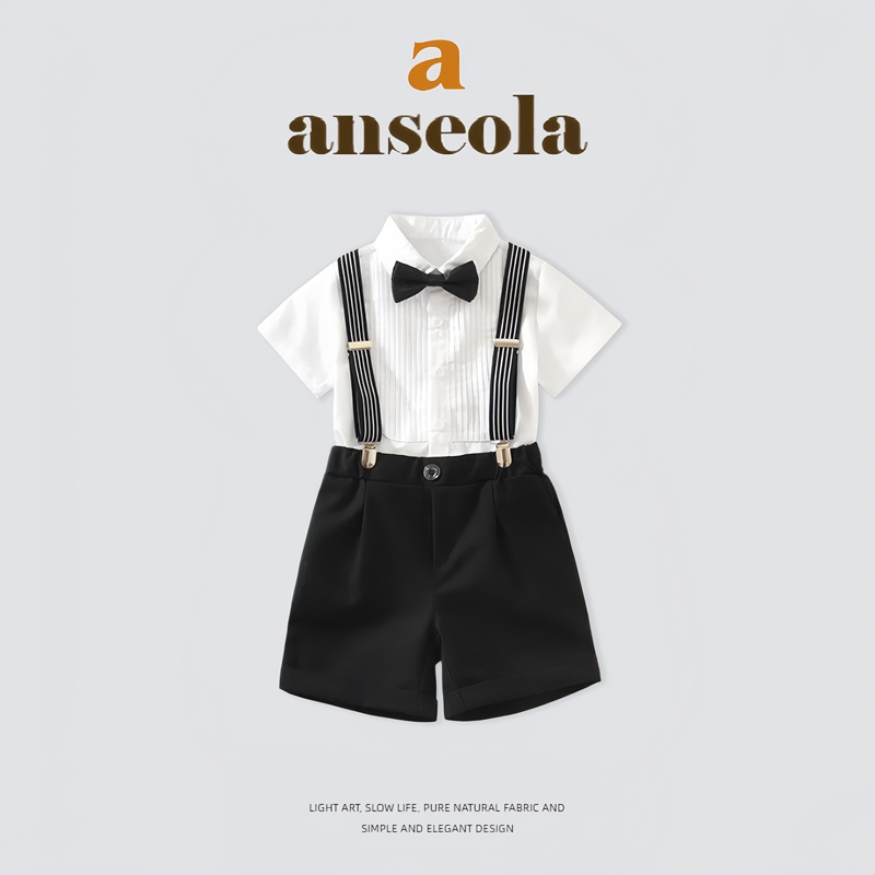French Anseola~ Boys' Summer Stylish Shirt and Overalls Suit, Flower Boy Performance Outfit, First Birthday Dress