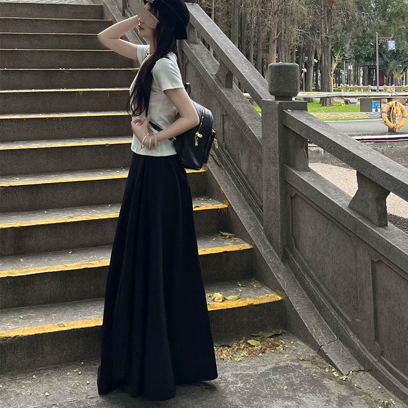 Black Pleated High-Waisted Long Skirt for Women, Plus Size, Slimming, Ankle-Length, Extra-Long Umbrella Skirt for Tall Women