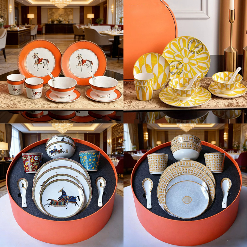 Majia European-Style Bone China Dinnerware Set for Home Use, Light Luxury, 2-Person Set, 10 Pieces, Including Bowls, Spoons, Plates, with Box Packaging