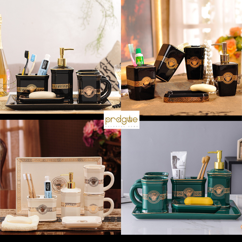 Upscale Ceramic European-style toothbrushing cup suit washing suit five sets of six sets of six sets with tray toothbrush rack black glazed