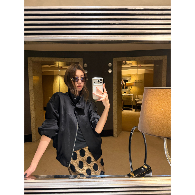 Gakee Official Acetate Textured Stand-Up Collar Jacket for Women, Autumn Matte High-End Waist-Cinching Design Coat