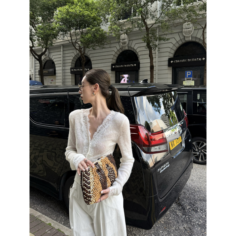 Gakee Official Ivory Lace V-Neck Knitted Sweater for Women, Summer Lace Patchwork Waist-Cinching Top